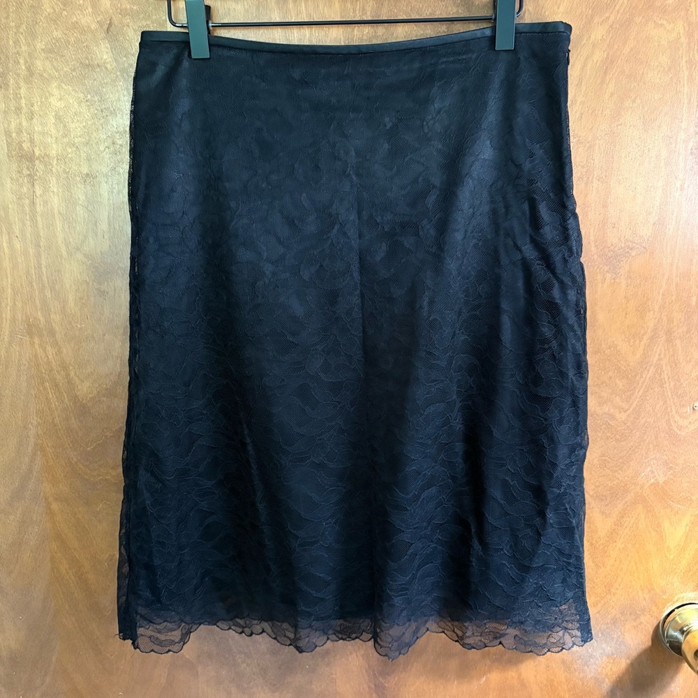 VINTAGE Black Sheer Lace Satin Trim Skirt Y2K Goth Rockabilly Pinup 90s Nylon 10